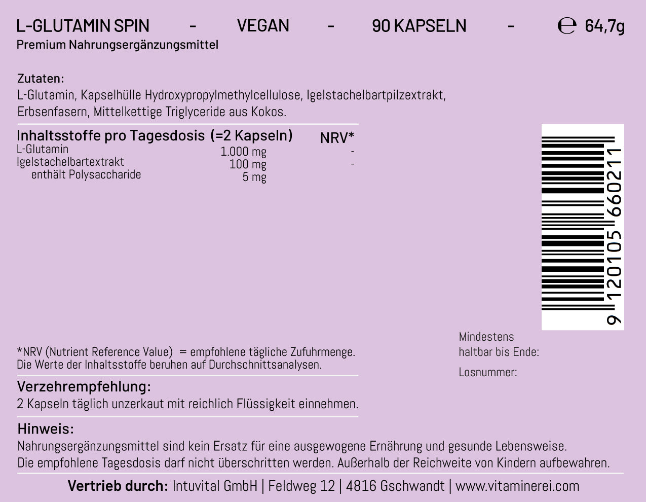 L-Glutamin Spin, vegan, 90 Kapseln, Igelstachelbartextrakt