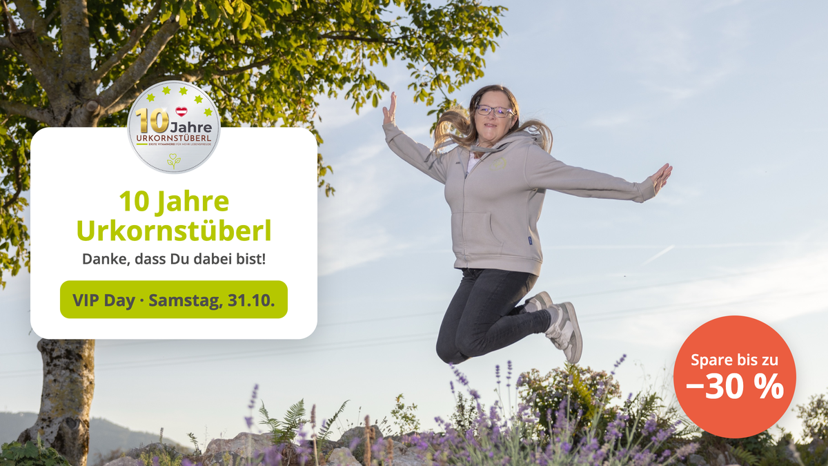 Karin Huber im Freudensprung – 10 Jahre Urkornstüberl, VIP Day am Samstag, 31.10.