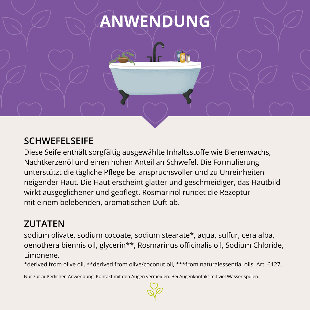 Schwefelseife mit Nachtkerzenöl, Bienenwachs & Rosmarin 80 g