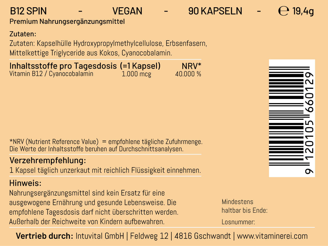 B12 Spin Vitamin B12 Cyanocoblamin 1000mcg 90 Kapseln