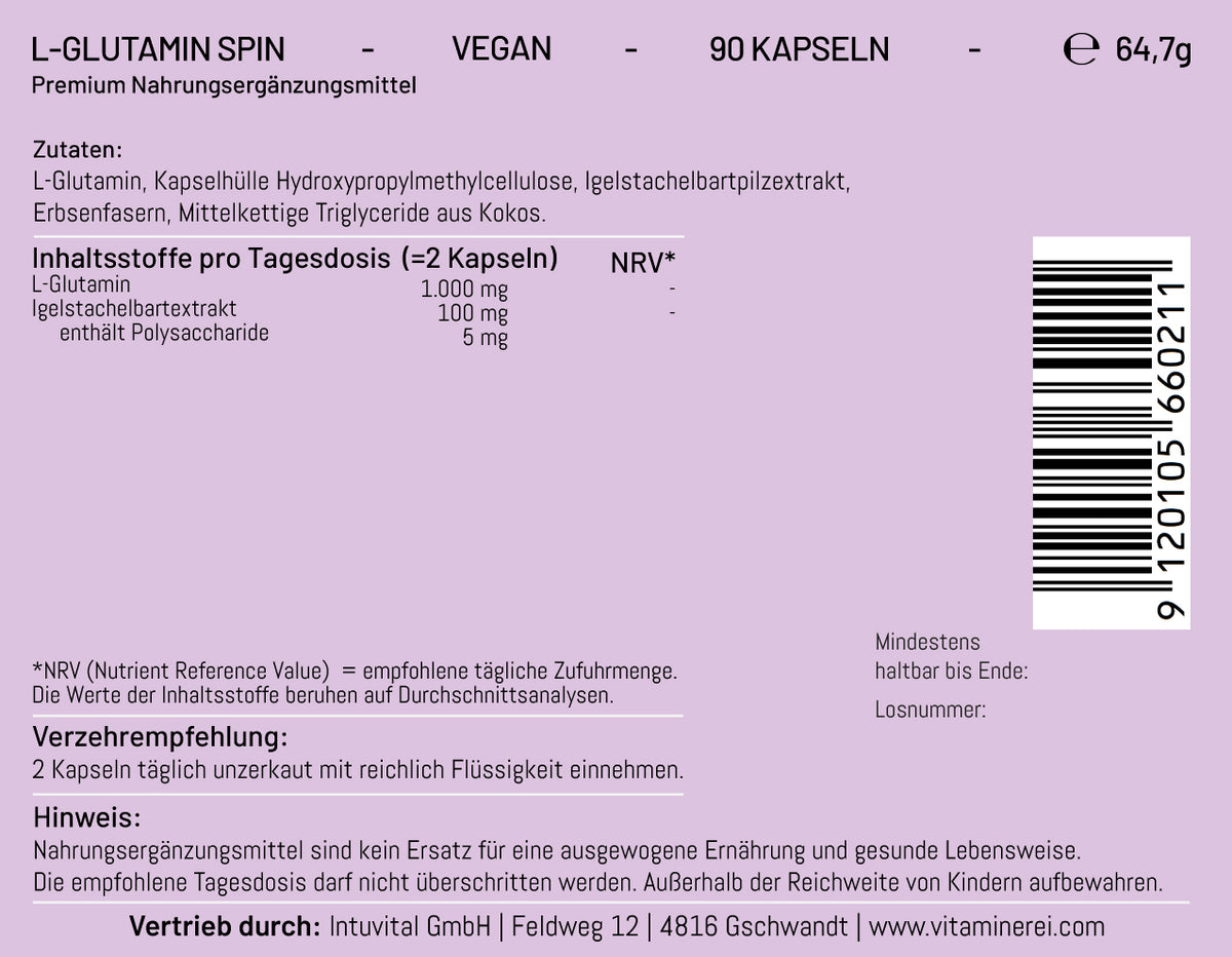 L-Glutamin Spin, vegan, 90 Kapseln, Igelstachelbartextrakt