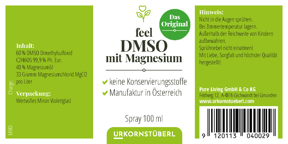 Produktetikette Feel DMSO mit Magnesium Spray 100ml